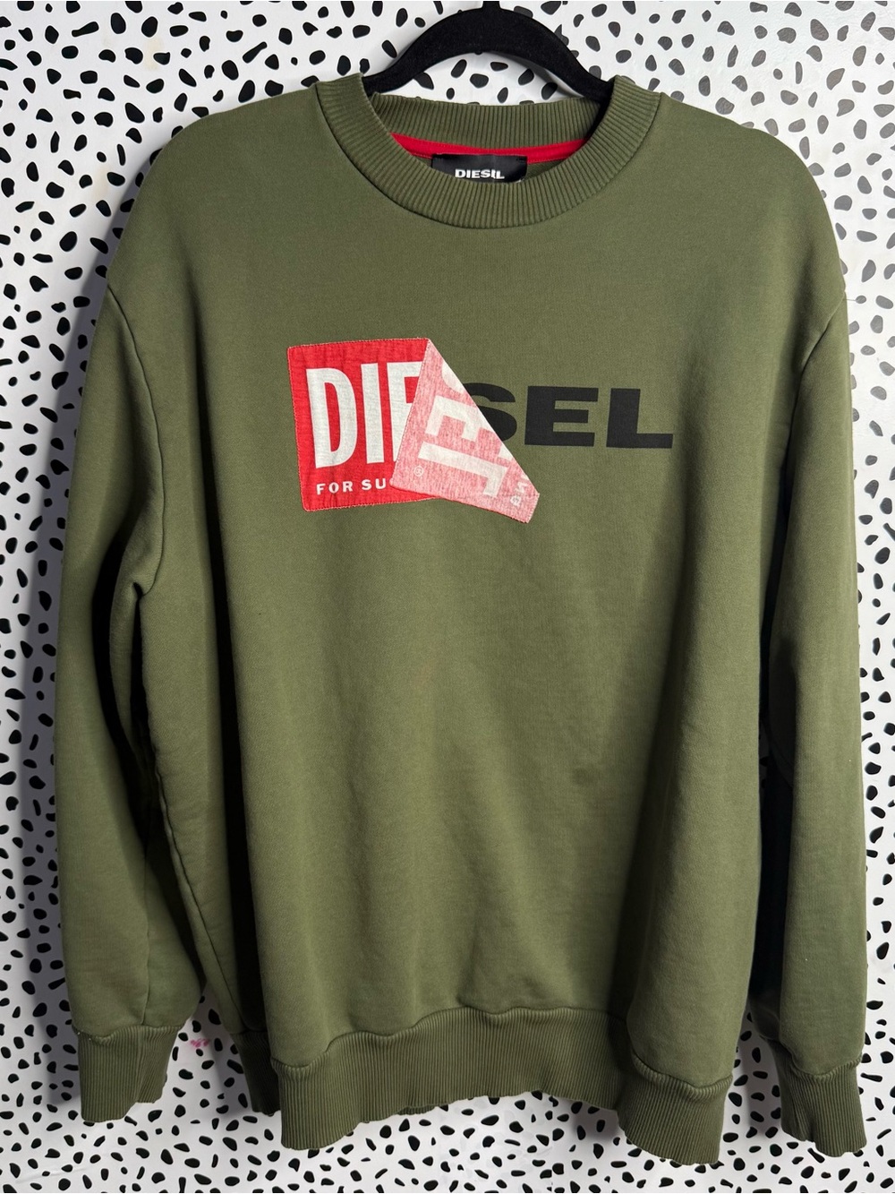 Diesel Olive Crewneck Sweatshirt with Red Logo Patch Mens Size Medium